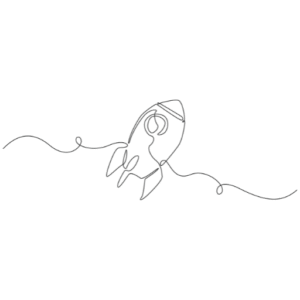 A line art drawing of a rocket taking off to symbolize digital transformation of a company