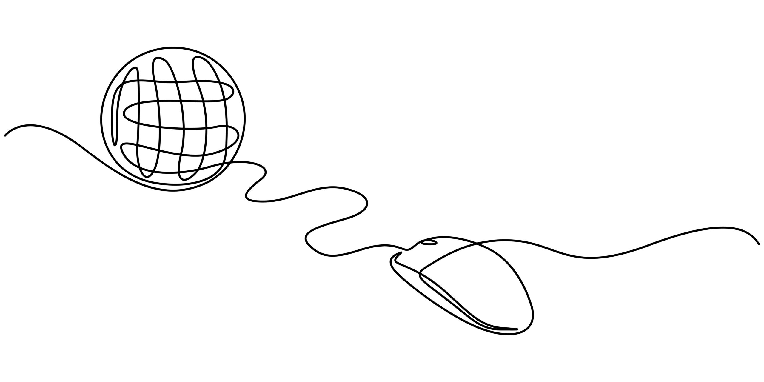 Strichzeichnung einer Computermaus, die mit der Erde verbunden ist – Symbol für englische Content-Erstellung im internationalen B2B-Marketing